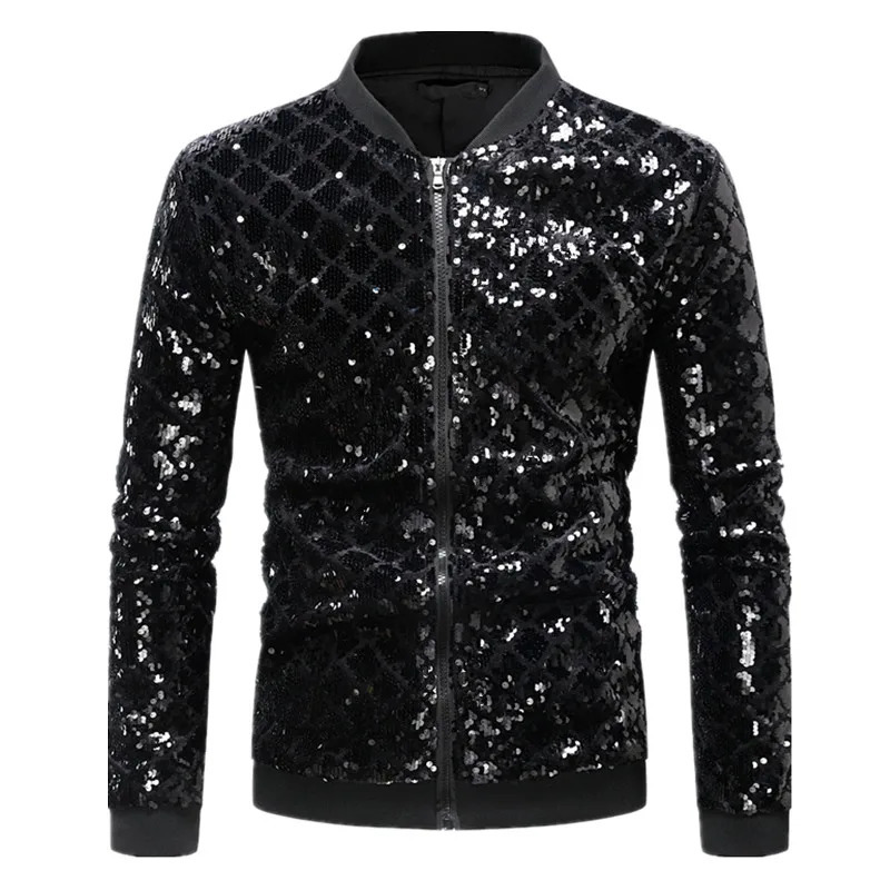 Fashion Men Baseball Collar Sequin Jacket Green / Black / Blue Trendy Homme Party Dance Bar KTV Casual Coat 250811