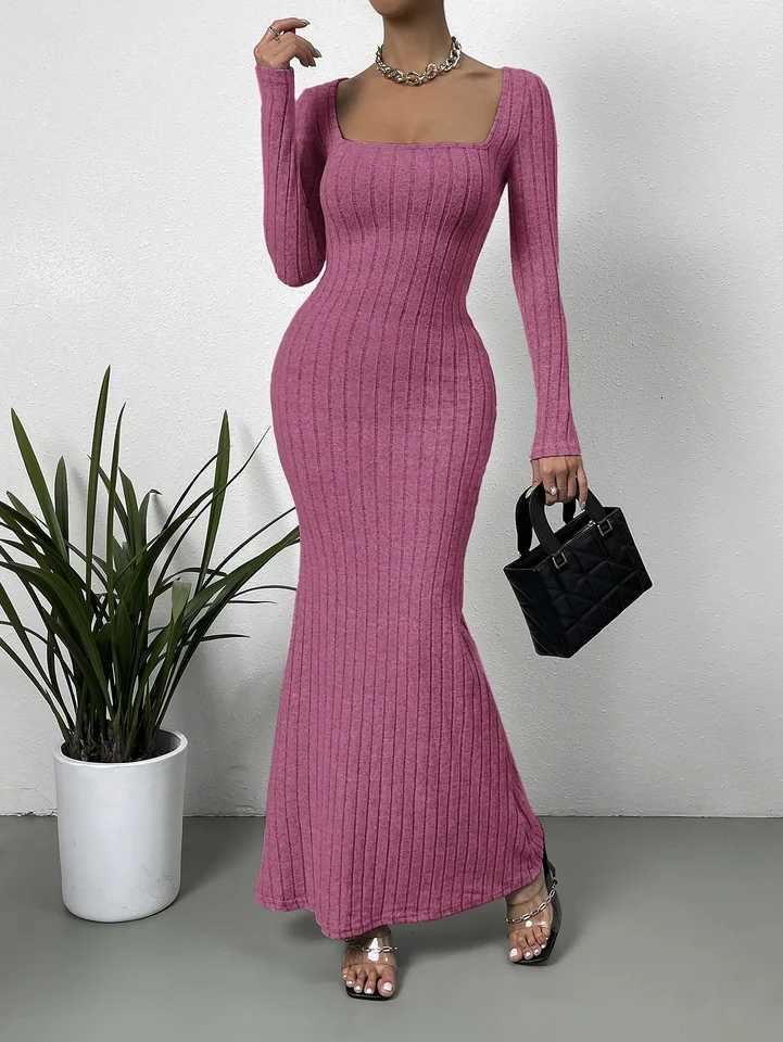 Mature Sexy Fashion New Line Neck Low Cut Solid Color Slim-fit All-match Long-sleeve Dress XJ250814