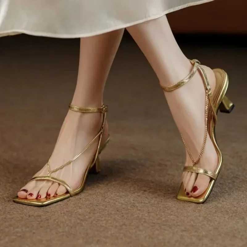 2025 Summer Women High Heels Sandals Elegant Stilettos Fashion Sexy Shoes Square Toe Chain Woman Pumps Trend Dress Femme Shoes W250814