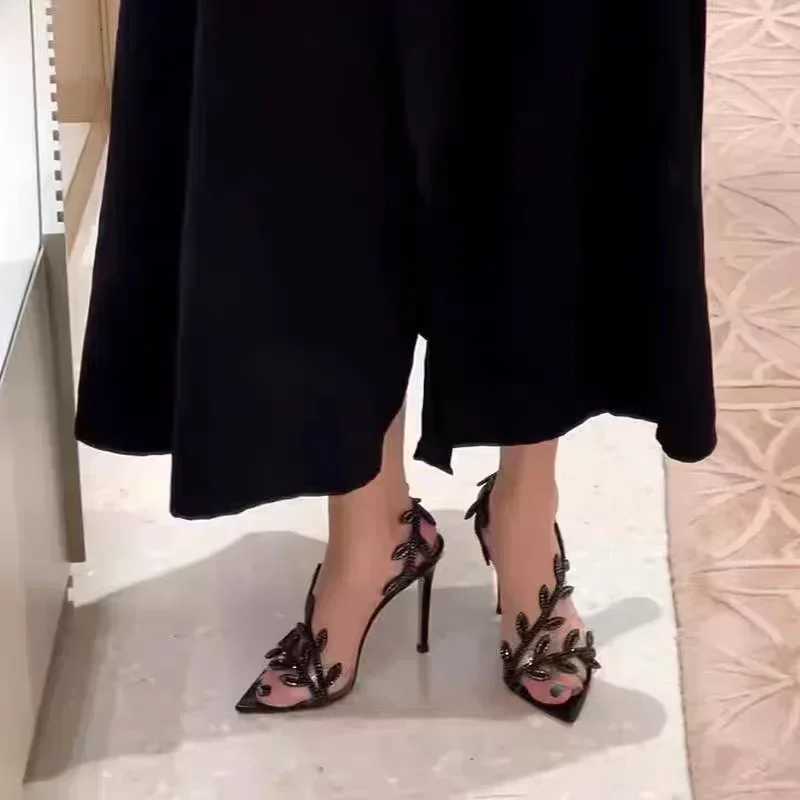 Designer Rhinestone Leaf Decoration Stiletto Sandals Women Sexy Pointed Toe Transparent PVC Strap High Heels Summer Party Shoes W250814