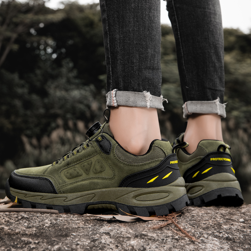 Men's genuine leather outdoor mountaineering shoes, summer city camel sports with rotating buttons, no shoelace tying, waterproof travel shoes