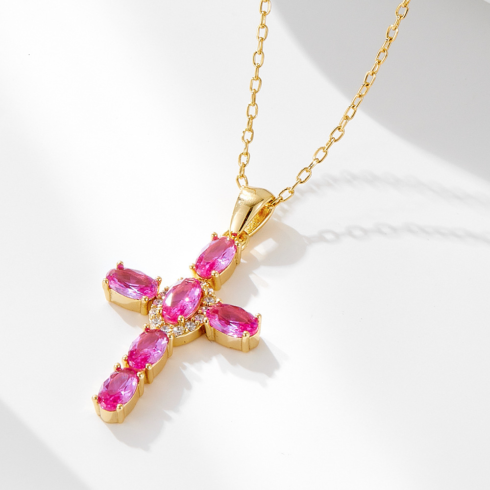 Fashion New S Pure Sier Cross Zircon Necklace for Women Elegant Personality Colorful Gemstone Collarbone Chain