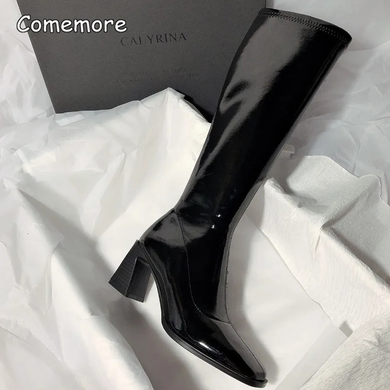 Comemore 2025 High-heeled Tight Boots Simple But Knee-length Boot Square Head Female Fashion Ladies Shoes Sexy Heels 250812