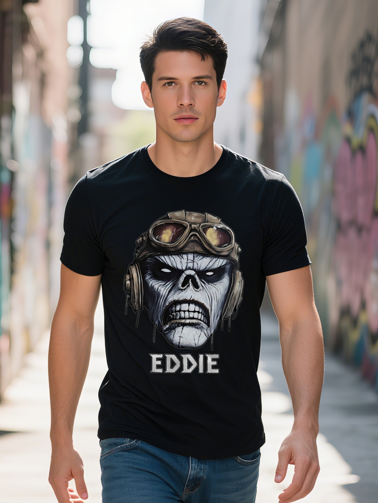 Edgy Men s Casual Graphic T Shirt Skull Goggles Print with EDDIE Text Black Round Neck Summer Tee Regular