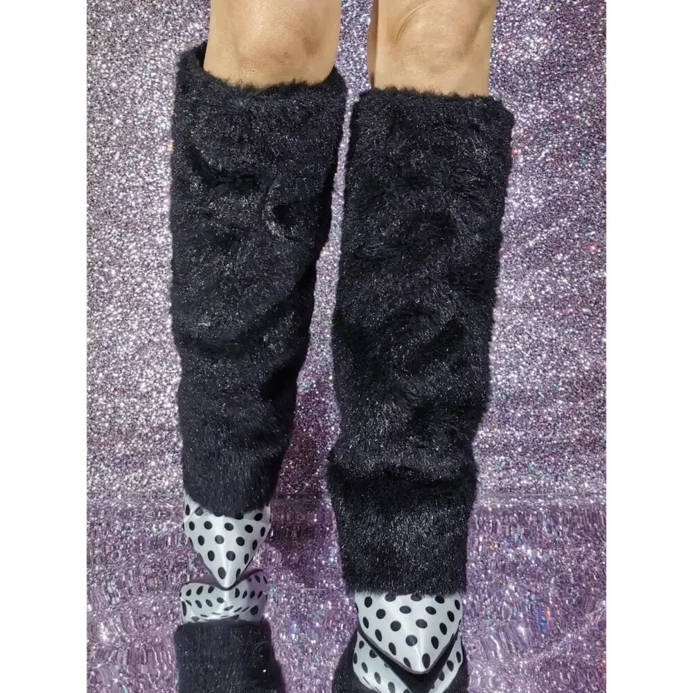 Polka Dot Pointed Toe Shark Boots 2025 Winter Women Black Velvet Warm Knee-High Boots Thin Heel Fashion Catwalk Boots 250812