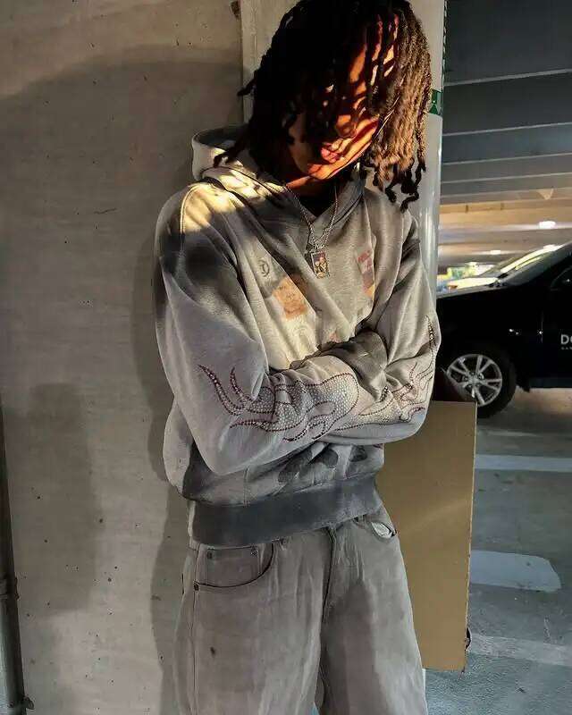 Vintage Streetwear Hoodie Bold Graphic Print Militaryinspired Outfits Flame Detail On Sleeves Cool Urban Style For Casual Wear