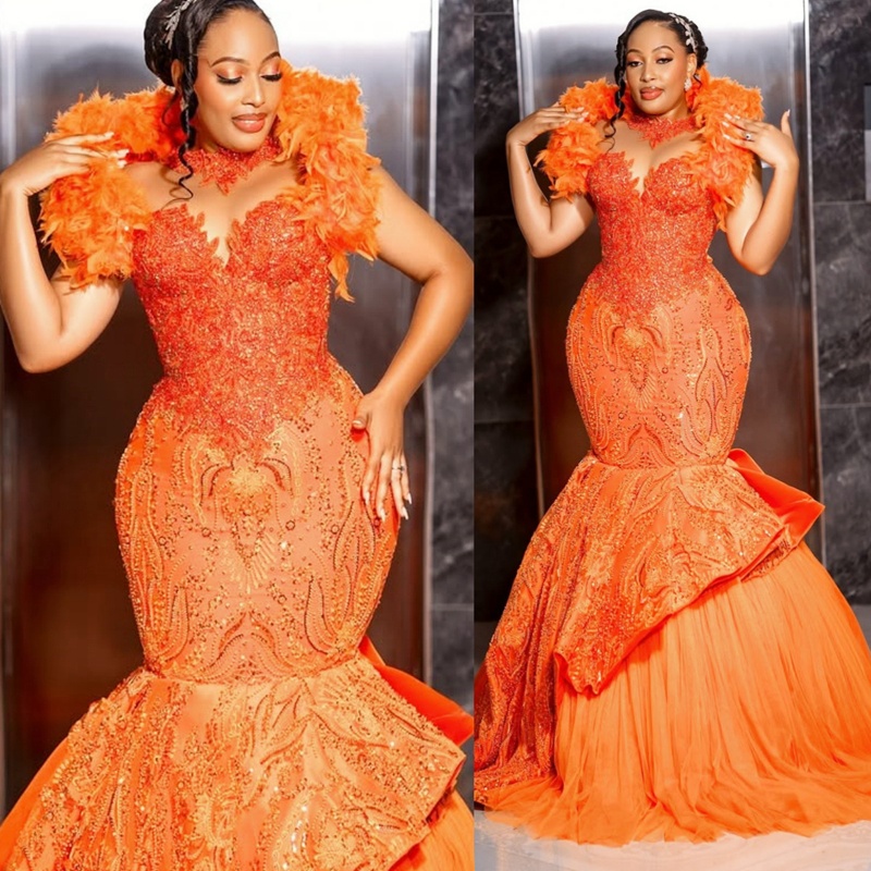 Plus Size Orange Prom Dress 2025 Evening Dresses For Special Occasions High Neck Appliqued Lace Beaded Lace Feathered Birthday Dress Second Reception 