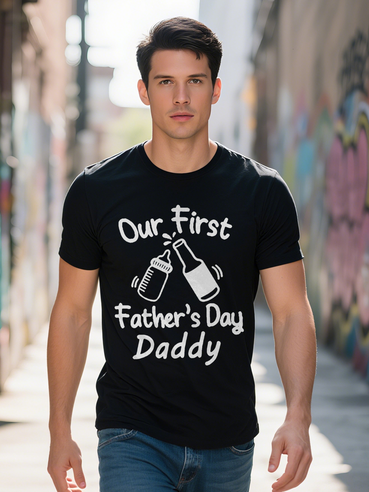 Ur First Father Daddy Graphic Men s T Shirt Casual Crew Neck Black with White Print Lightweight Perfect for New