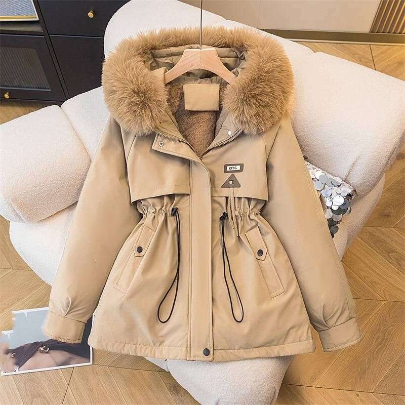 New Women's Cotton-Padded Plush Warm Coat Autumn Winter Parkas Coat Women's Long Sleeve Zipper Hooded Drawstring Parkas