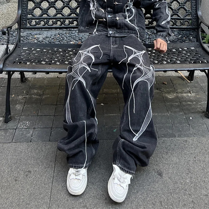 Cyber Y2K Streetwear Wing Embroidery String Stacked Baggy Jeans Pants For Men er Clothes Rock Black Long Trousers 250813