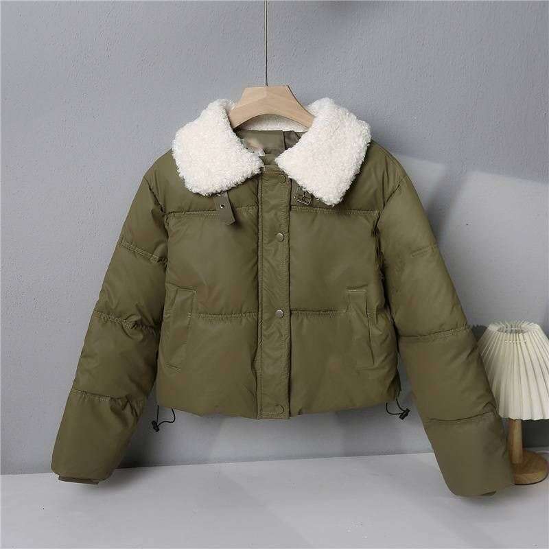 Lamb wool wash free PU leather down cotton jacket for women, short winter thick stand up collar bread jacket, small fur collar jacket