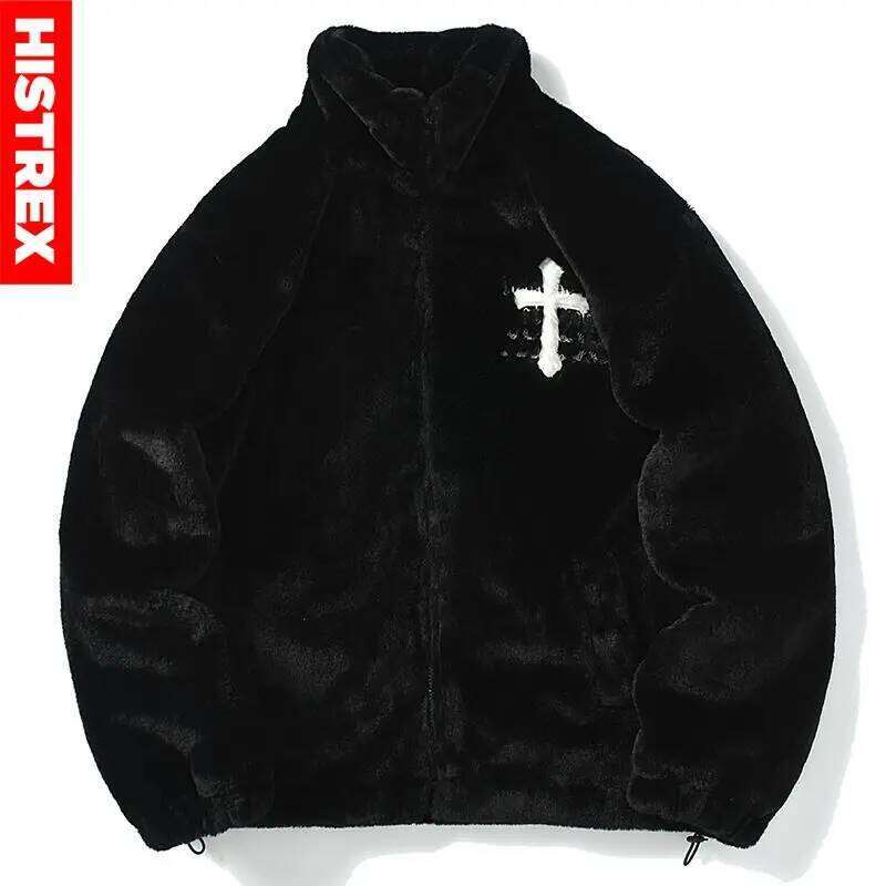 Men Rabbit Fur Jacket Parkas,Hip Hop Fluffy Coat,Winter Fleece Overcoat,Haruku Outerwear Streetwear,Korean Y2k Clothes