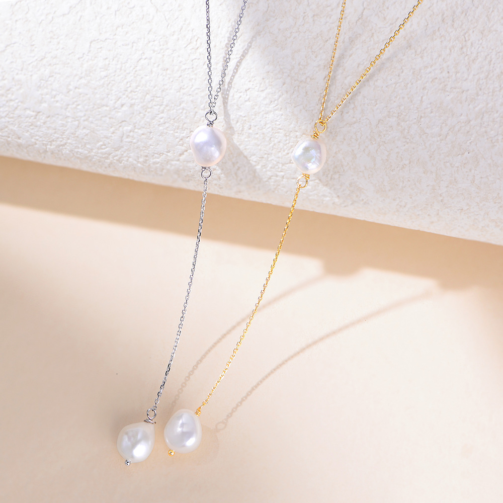 S Pure Sier Y-shaped Natural Pearl Women's Collarbone Necklace Light Ins Simple Versatile Tassel Sweater Chain Jewelry for Women