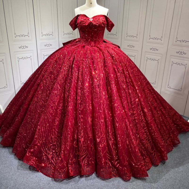 Red Shiny Quinceanera Dresses Off The Shoulder Sequin Applique Lace Beads Bow Tull Party Birthday Ball Gown Vestidos De 15 Anos Sweet 16 Dress