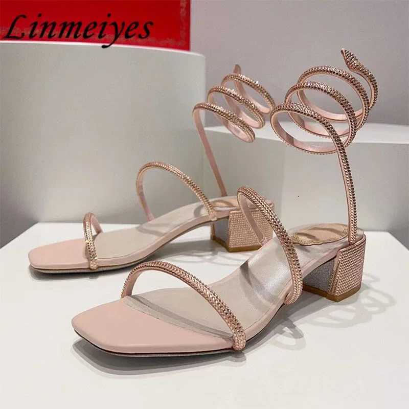 2024 Summer Crystal Sandals Women Ankle Snake Twine Around Wedding Shoes Female Square Heels Sandals Woman W250814