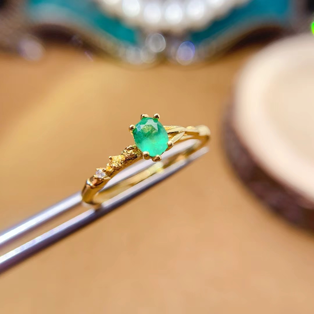 Pure 925 silver emerald ring 4mm*5mm 0.3ct natural emerald jewelry 18K gold plated silver green gemstone ring