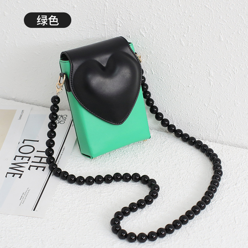 Korean Style Textured Single Shoulder Crossbody Black Peach Heart Phone Simple Versatile Beaded Small Square Bag for Women