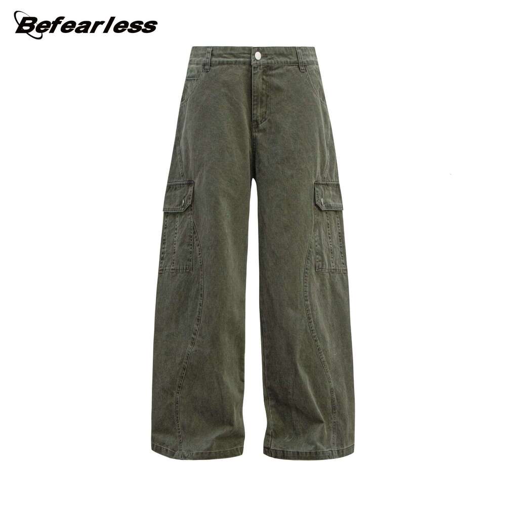 American Style Washed Vintage Loose Straight Cargo Unisex Trendy Multi-Pocket Draped Casual Long Pants B5