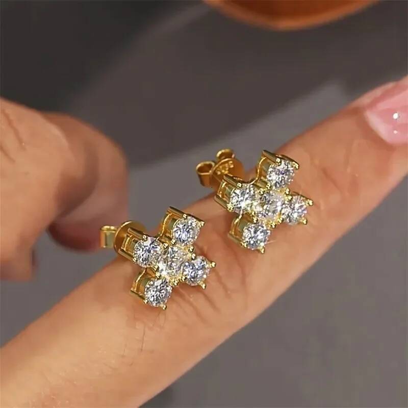 NKHOG Moissanite Stud Earrings 925 Sterling Silver 18K Gold Plated Sparkling Cross Diamond Ear Studs Women Jewelry Gift with GRA