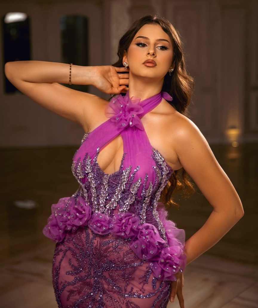 Plus Size Sequins Customized Mermaid Evening Dresses Halter Neck Crystal Floral Prom Gowns Floor Length Party Dresses