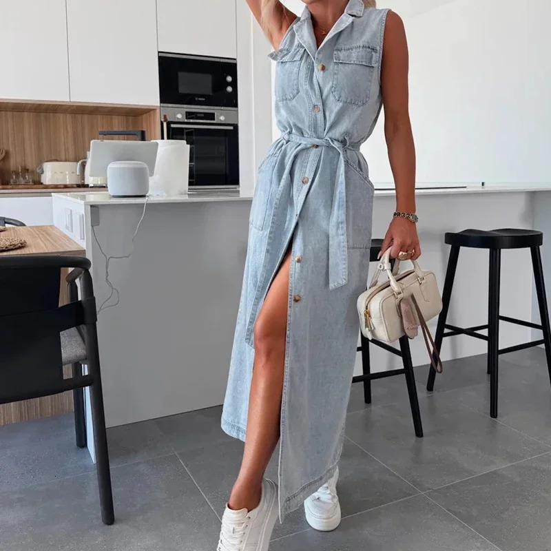 Elegant Laple Collar Lace-up Solid Denim Dress Casual Sleeveless Pocket Slim Long Dress Women Fashion Button Waist Party Dresses 250813