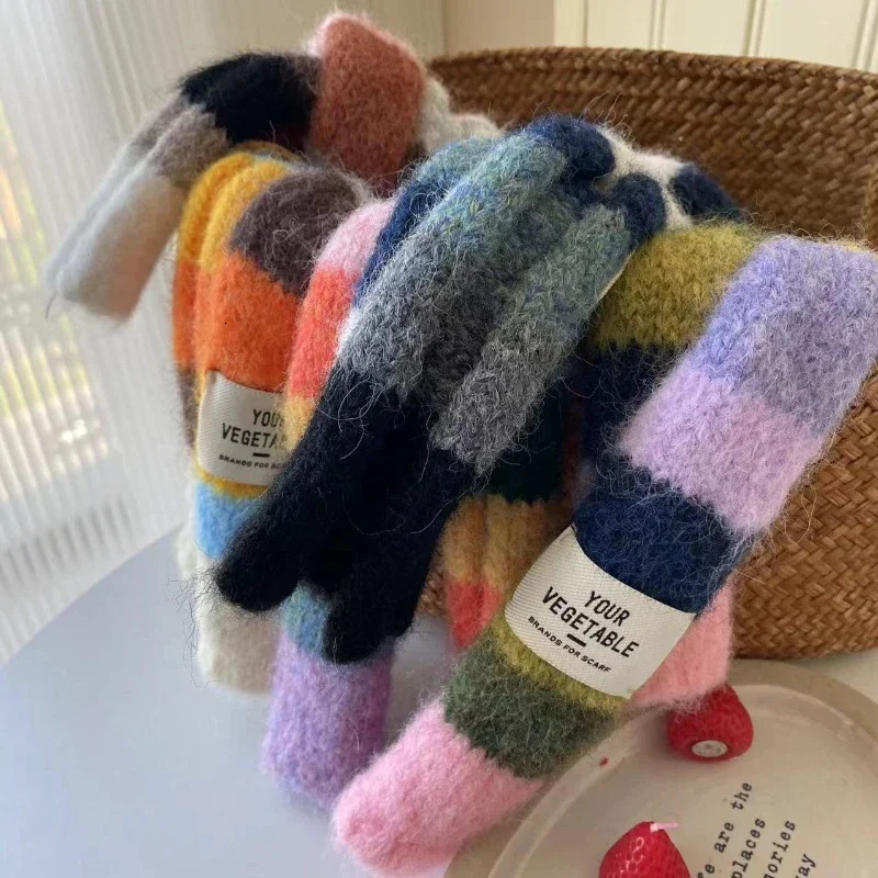 Knitted Wool with Warm Color Splicing Contrast Striped Sausage Thin Scarf 250808