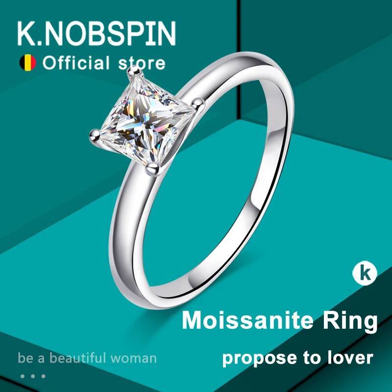 KNOBSPIN 1ct Princess Cut Moissanite Ring s925 Sterling Sliver Plated with 18k White Gold Eternity Band Wedding Rings For Women
