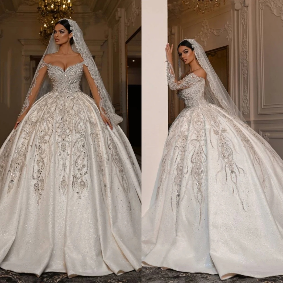 Elegant Sequined Beading Wedding Dress Ball Gown Fashion Off The Shoulder Lace Bridal Dress Customized vestidos de novia