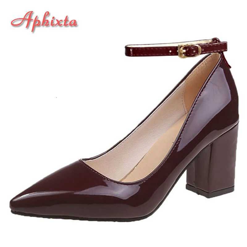Aphixta New 2.75Inch Pimp Buckle Patent Leather Shoes Women Pumps Leisure Red Fashion Official Pointed Toe Plus Size 50 W250814