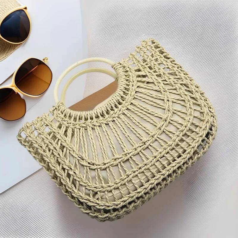 Summer Handbags Straw Beach Purses Large Capacity Woven Basket Holiday Hollowed Out Interior Round Handle Vegetable Tote Bag high-quality
