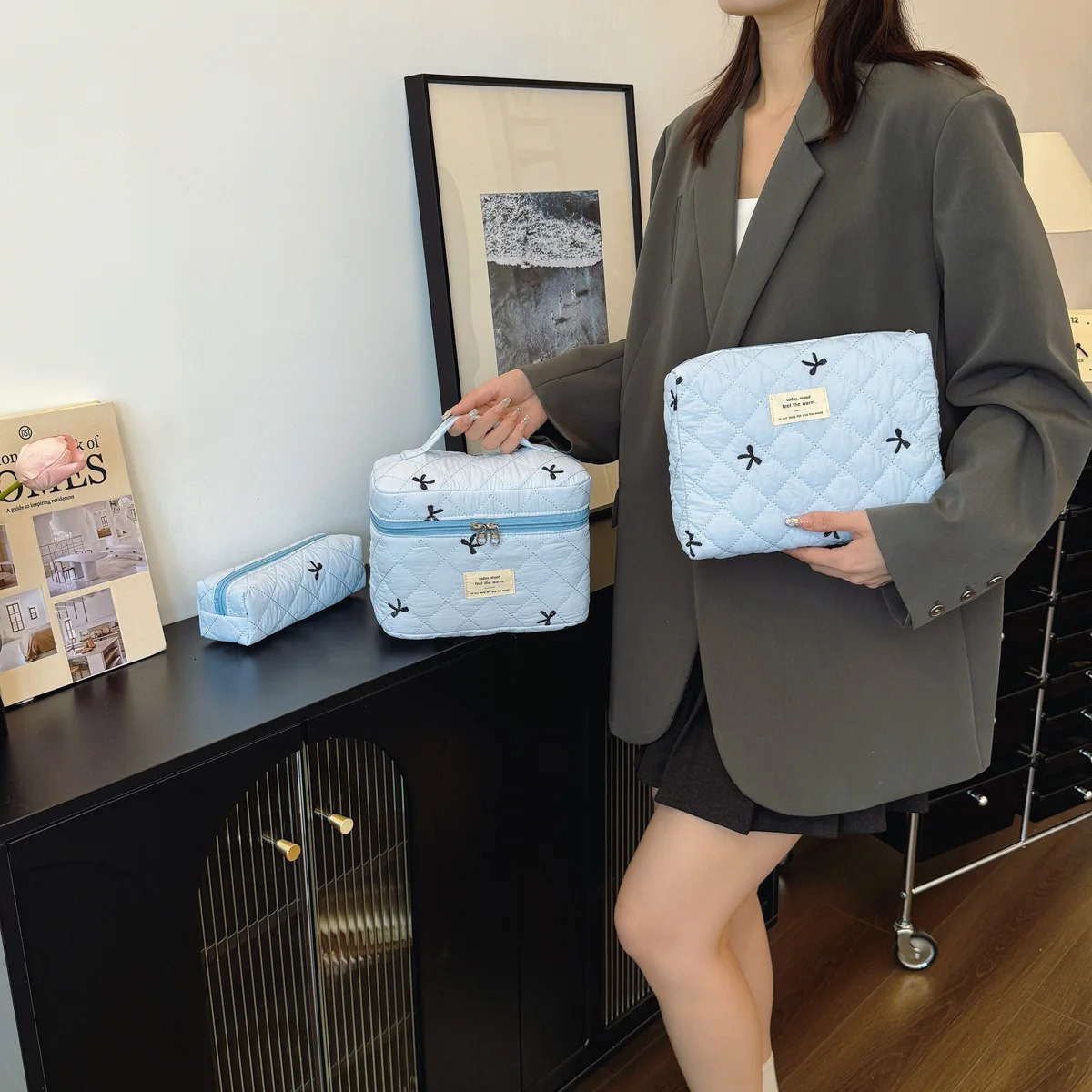 3pcs sets Cute Bow Flower Quilted Makeup Bag Women Cosmetic Organizer Female Handbag Portable Toiletry Case For Travel 250812