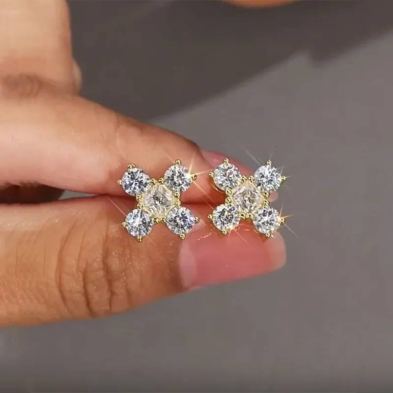 NKHOG Moissanite Stud Earrings 925 Sterling Silver 18K Gold Plated Sparkling Cross Diamond Ear Studs Women Jewelry Gift with GRA