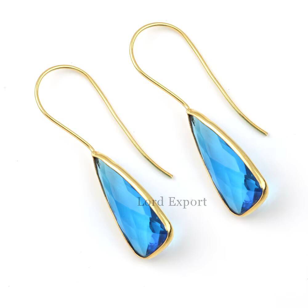 Bestselling 12x25mm Blue Quartz Stone Handmade 1 Micron Gold Pure Sier Fashion Women's Earrings