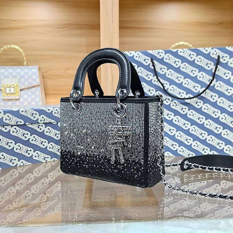 High-End Feeling Vintage Women's With Gradient Rhinestone Chain Crossbody Small Square Bag Trendy Motorcycle Equipment Acces