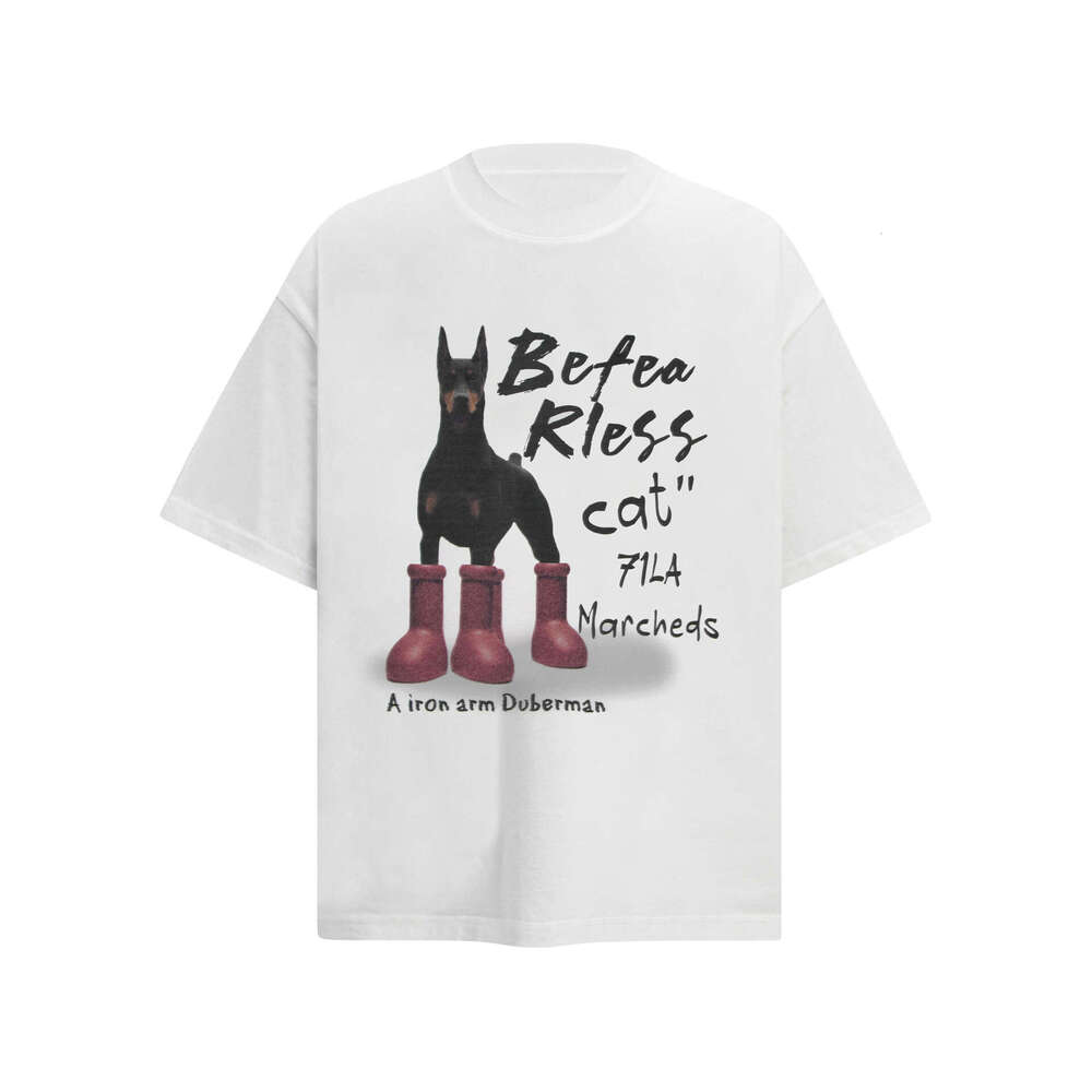 American Style Washed Vintage Red Boots Puppy Short Sleeve Round Neck T-Shirt Summer Unisex Trendy Loose Couple Top B5