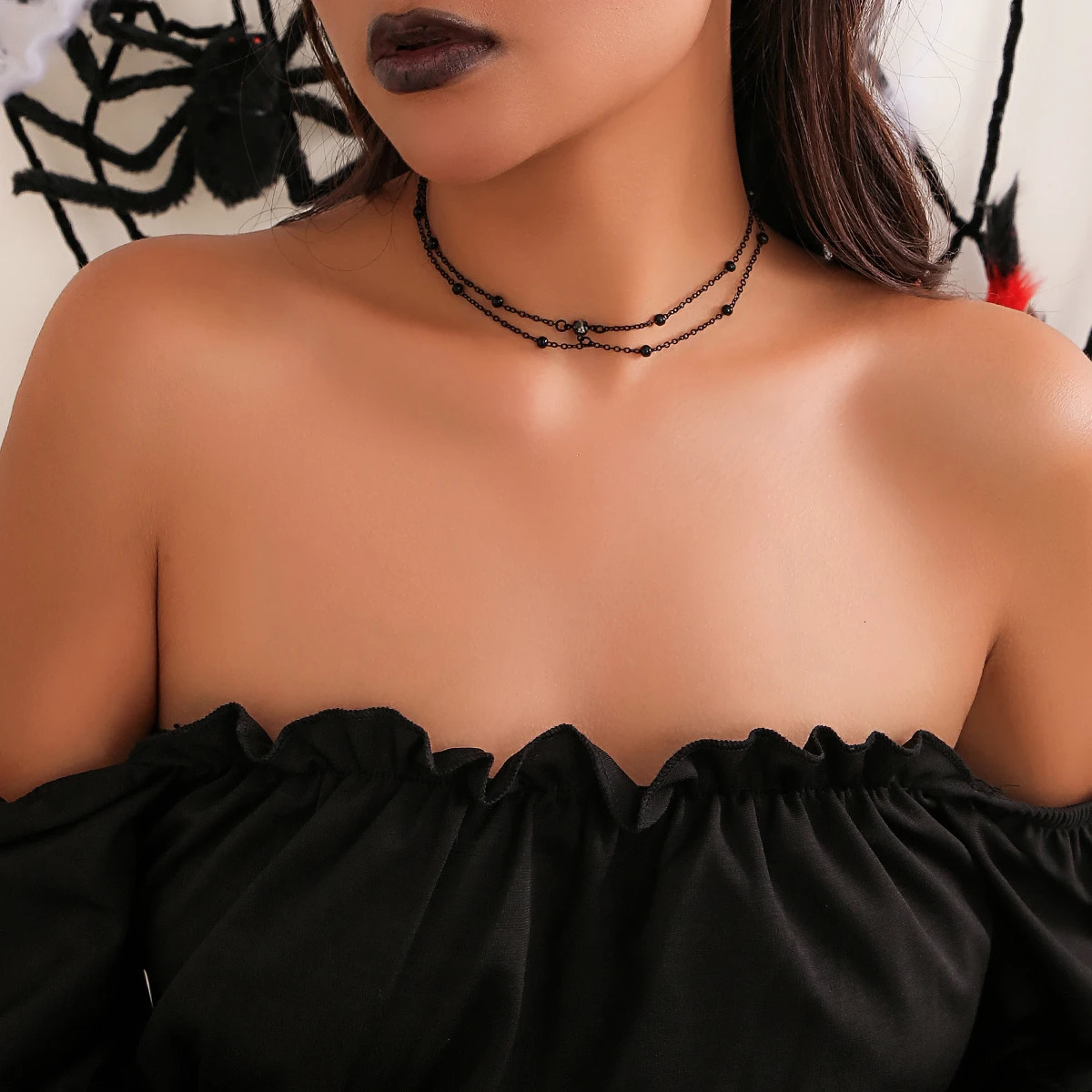 Multilayer Gothic Black Thin Chain Zircon Choker Necklace for Women Vintage Simple Clavicle Link Halloween Jewelry Accessories 250811
