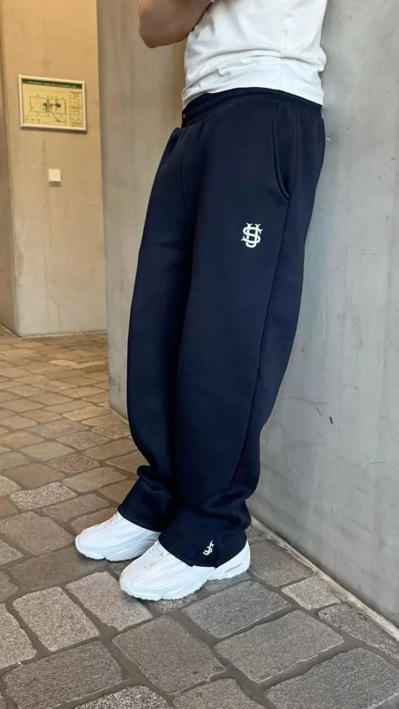 American Mens Navy Blue Y2K Joggers Coin Embroidery Berlin Street Style seller Retro Hip Hop Casual Sweatpants Elastic Waist 250813