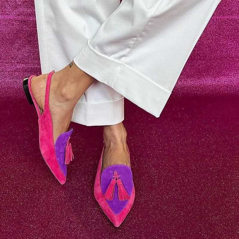 New Summer Color Block Womens Shoes 40-43 Large Pointed Tassel Low Heel Back Air Sandals High Heels Womens Shoes W250814