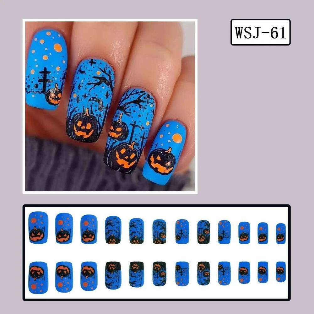 24pcs Halloween Blue Frosted Fake Long Ballet Ghost Pumpkin False Design Press On Nails Square Horror Artificial Nail X250814