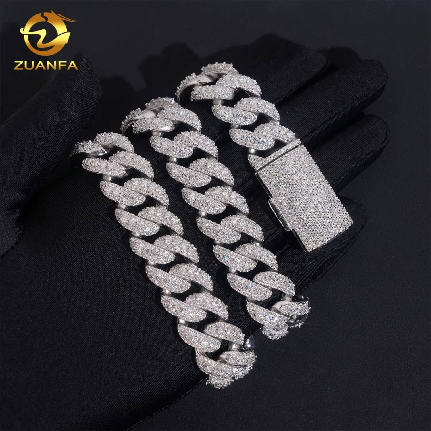 Iced Out Jewelry Hip Hop 3 Rows 18mm Width 925 Sterling Silver VVS Moissanite Diamond Miami Cuban Link Chain
