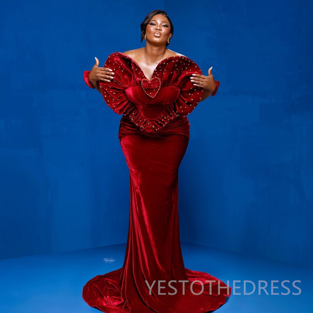 2025 Mermaid Dark Red Prom Dresses For Black Women Aso Ebi Heart Neckline Velvet Birthday Dress Second Reception Gown AM2634