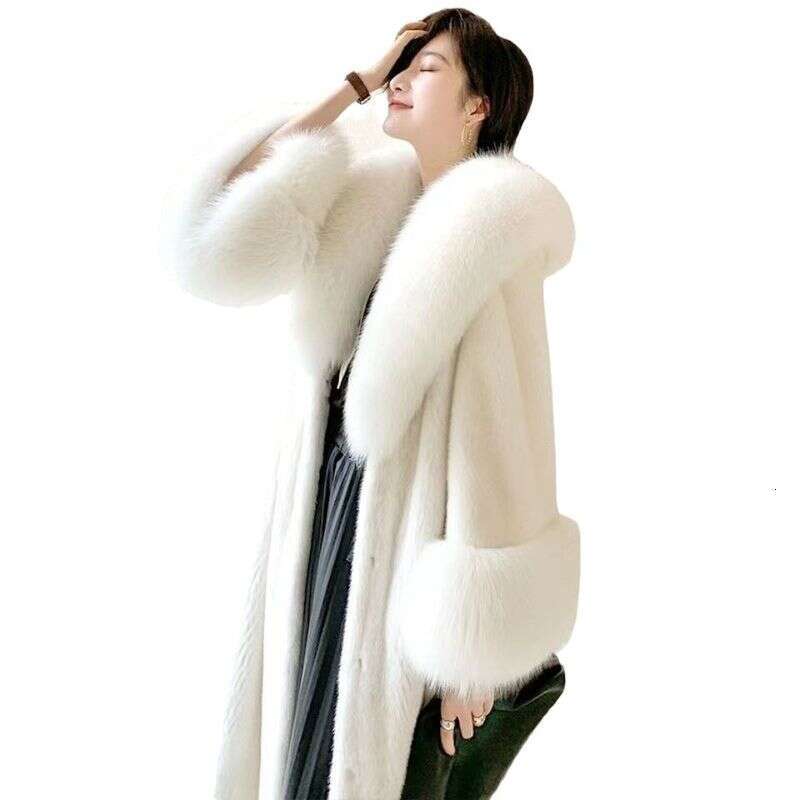 Women Long Coats Faux Fox Fur Collar Thick Warm Coat Full Sleeve Elegant Autumn Winter Furry Outerwear Work Elegant Jacket