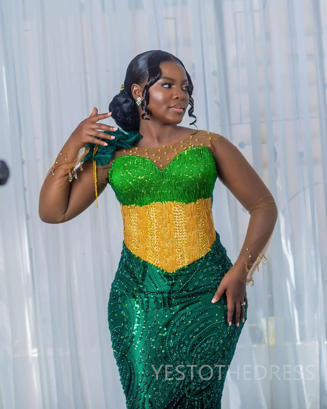 2025 Mermaid Plus Size Green Prom Dresses For Black Women Aso Ebi Illusion Sheer Neck Long Sleeves Appliqued Lace Beaded Birthday Dress Second Recepti