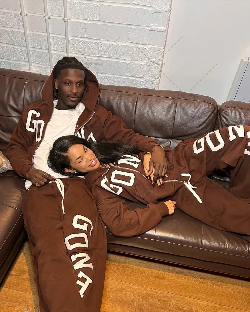 High Street Trendy Streetwear Mens Suit Two-piece Set Retro Harajuku Y2K Brown Hoodie Casual Baggy Sweatpants Jogger Women 250813