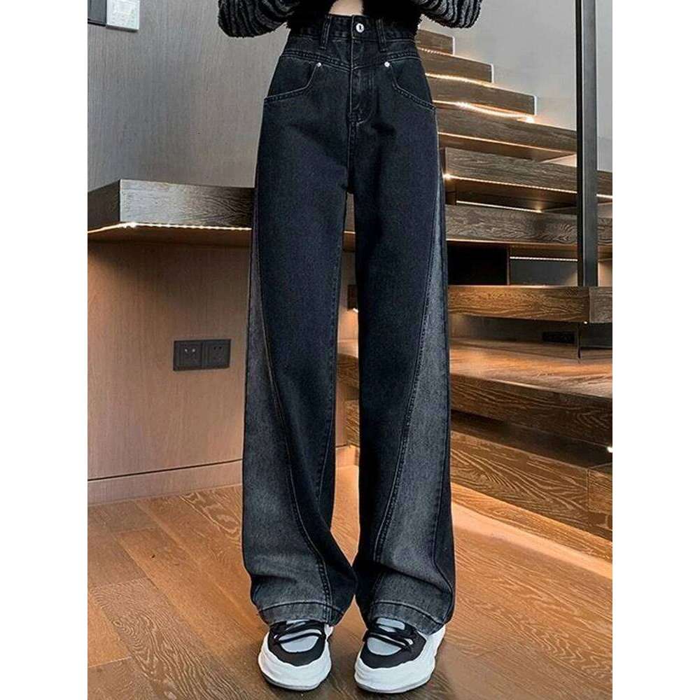 Woman Waist Jeans Lady American High Street Patchwork Straight Pants Girls Black Gray Contrast Color Wide Leg Trousers