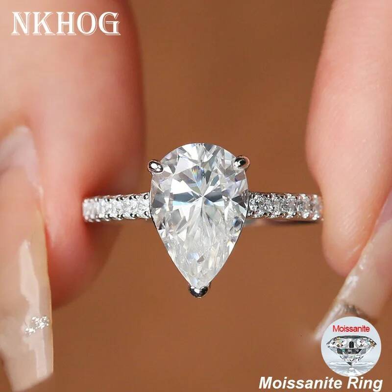NKHOG 4Carat Pear Cut Moissanite Ring 925 Sterling Silver 18K Gold Plated Water Drop Diamond Women Wedding Band Jewelry Gift GRA