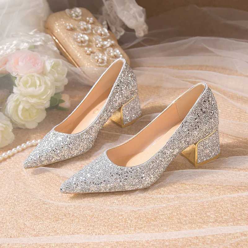 Thick Silver Glitter Heels Pumps Women Luxury Pointed Toe Party Wedding Shoes Woman Plus Size 42 Shallow High Heels Pumps Ladies W250814