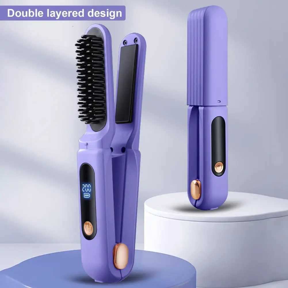 3-Temp Adjustable Portable Cordless Hair Straightener Brush Negative Ions Hot Brush Electric Curly Hair Styling Detangling Comb W250814