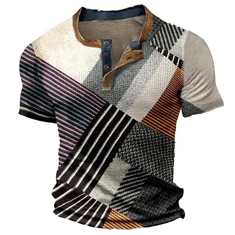 Summer 3D Printed Mens T Shirt Waffle Patchwork Textured T Shirt Cool Breathable Short Sleeve Vintage Casual Oversized Top 250813
