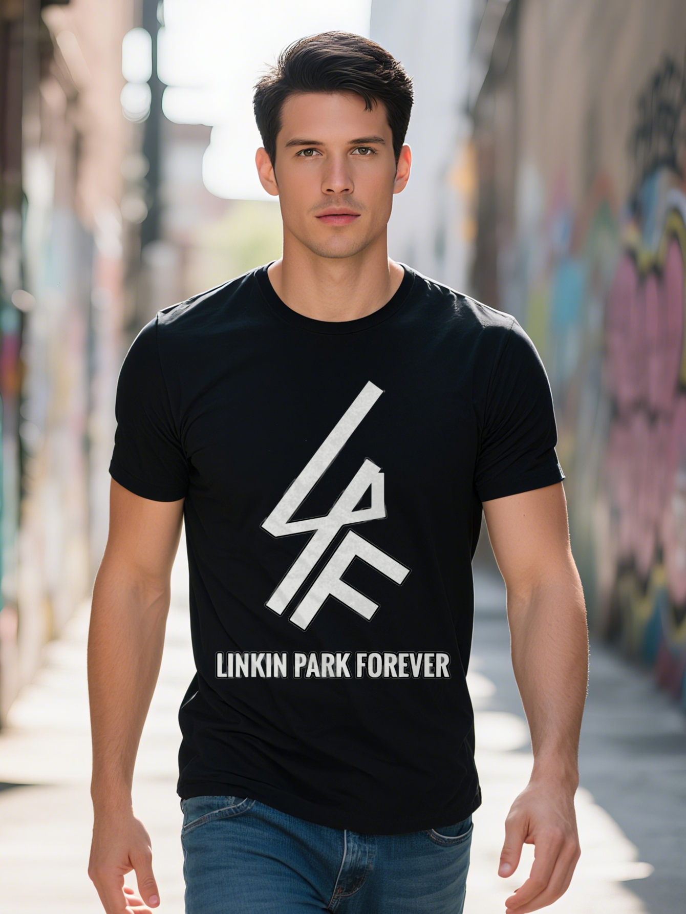 Men S Casual Versatile T-Shirt Black with White Abstract Graphic Print Linkin Park Forever Design Lightweight